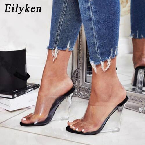 EilyKen PVC Transparent Lady Slippers Sandals open-toe Slippers Sexy Summer Crystal Wedge heels Mule Dress heels Black Apricot