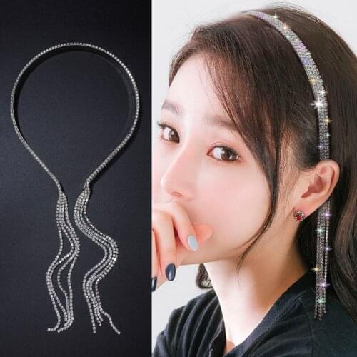 Fineone Korea Style Full Rhinestone Headband for Women Long Tassel Crystal HairClip Hair Accessories Jewelry Gifts