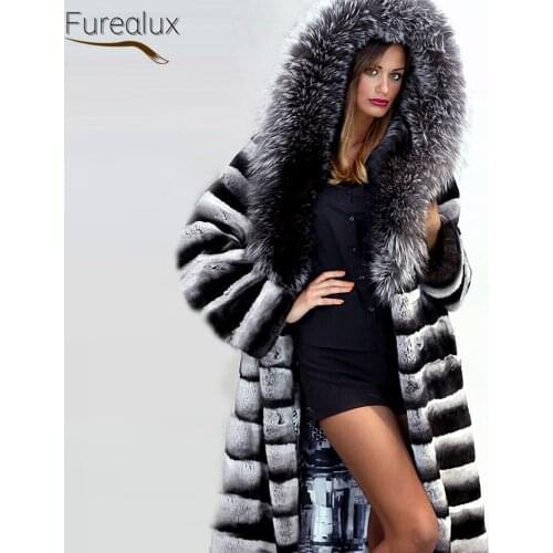 FUREALUX Natural Real Rex Rabbit Fur Handmade Fur Coat With Fox Brim Womens Winter Long Thick And Warm Fashion Slim Clothing