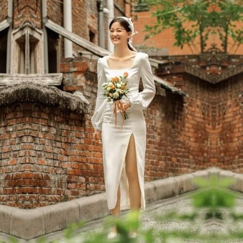 KAUNISSINA Simple Cheap Wedding Dresses for Women Long Lantern Sleeve Square Collar Mid-Calf Satin Bride Dress Robe Brial Gowns