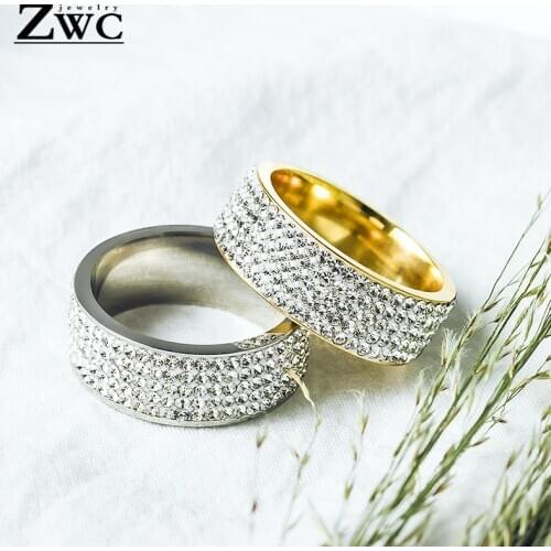 ZWC Fashion Charm 5 Row Clear Crystal Finger Rings for Women Men Wedding Stainless Steel 8mm Width Rhinestone CoupleRing Jewelry