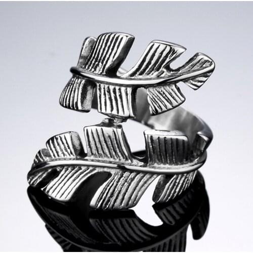 Mens Feather Ring Open Fashion Personality Retro Open Stainless Steel Jewelry Biker Accessories Boyfriend Gift Wholesale