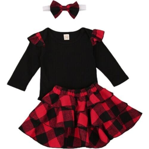 Christmas Baby Girls Clothes Sets 3pcs Ruffles Long Sleeve Solid Romper Tops+Red Plaid Skirts Headband