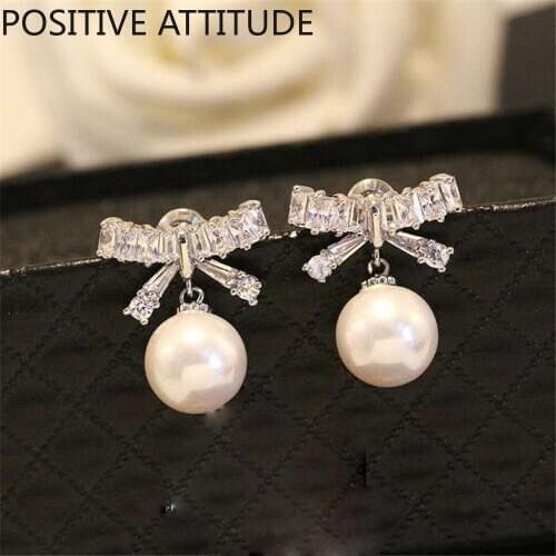 Korea Crystal Bowknot Imitation Pearl Female Earring Wedding Valentines Day Popular Gift Jewelry