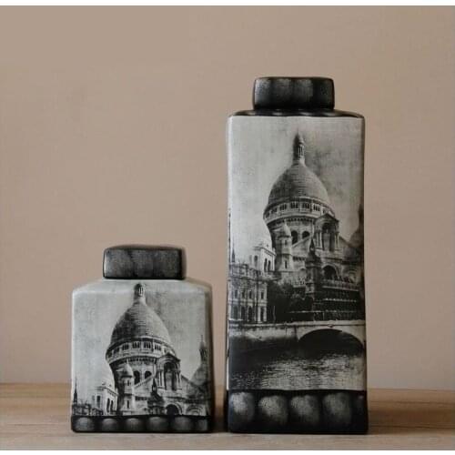 European Style Architectural Works Square Ceramic Furnishings American Living Rooms ornaments Modern home porcelain pot jar vase