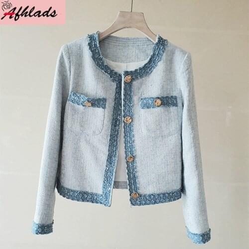 Small Fragrance New Female Autumn Vintage Korean Loose Casual Outerwear Sequin Patchwork Single-Breasted Women Jackets