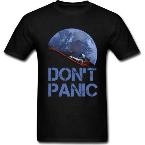 Novelty Occupy Earth SpaceX Starman T Shirt Man 100% Cotton Elon Musk Space X T-Shirt Summer Camiseta Mens Tshirt Don't Panic