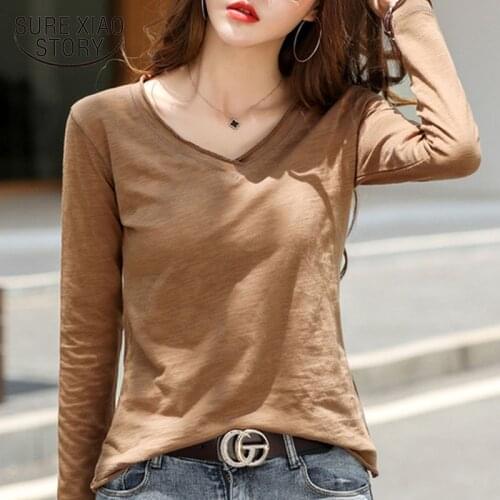 2020 Autumn New Long Sleeve T-shirts Cotton Bottoming All-match Plus Size Womens T-shirt V-neck Korean Style Shirt Blusas 10798
