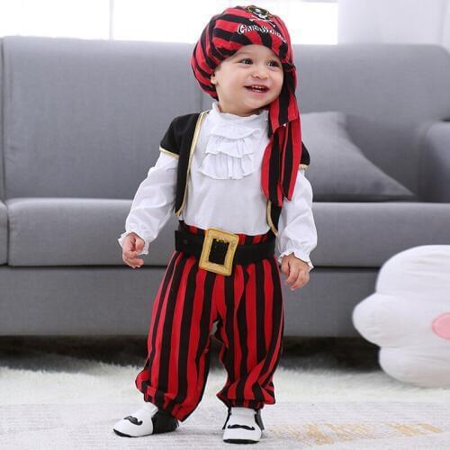 Newborn Baby Boys And Baby Girls Long Sleeves Autumn Halloween Pirate Ship Captain Four-Piece Set Infant Clothes