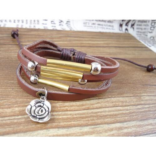 New trendy fashion rose flower charms handmade vintage rope wrap mens genuine leather bracelets bangles jewelry for women
