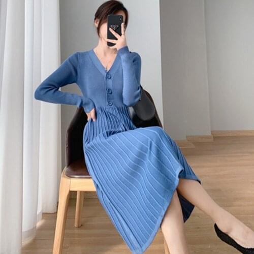 2021 Autumn Winter Long Sleeve Korean Slim Pullover Dress Womens Knitting V Neck Basic Womens Fashion Casual Dress
