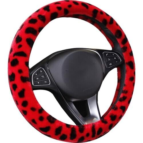 Leopard Print Plush Car Auto Steering Wheel Cover Suitable For 37-38CM/14.5"-15" M Size Winter Warm Case Protector Braid Steer