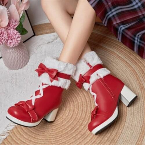 PXELENA 2022 Winter Faux Fur Bow Knot Japanese Cute Women Cosplay Lolita Boots Block High Heel Shoes Dress Party Plus Size 34-43