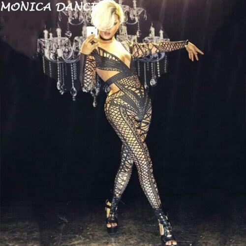 Sexy Stage Geometric Patterns Jumpsuit Sparkly Stones Bodysuit Stage Wear Women Celebrate Female Singer Crystals Dance Costume