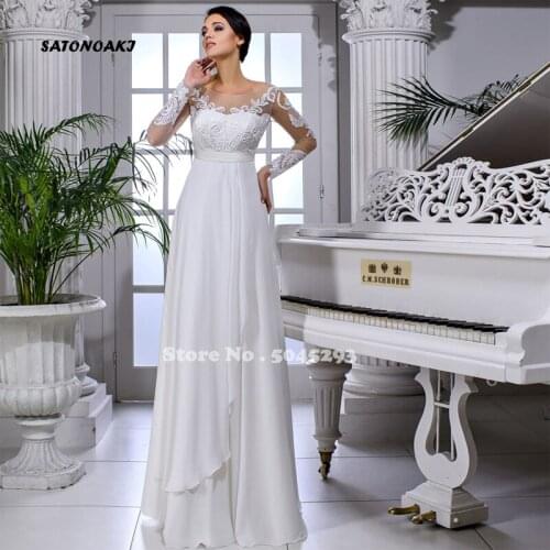 Sexy Chiffon Wedding Dresses Appliques Sashes Scoop Neck Full Sleeve Lace Up A-Line Bridal Gowns Robe De Mariée Vestidos France