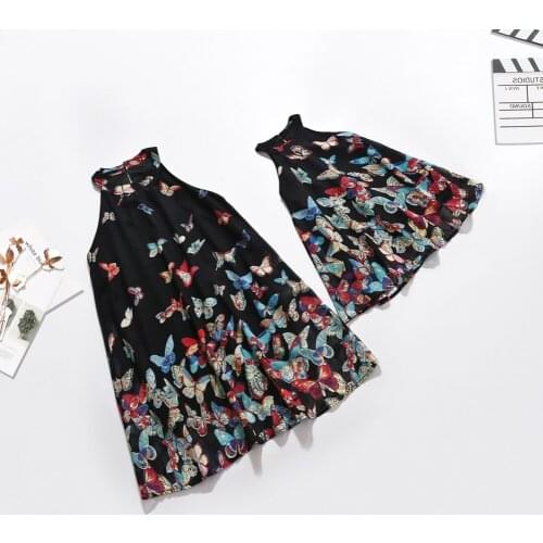 Summer Sweet Mom Daughter Butterfly Print Chiffon Dress Mother & Me Instagramable Family Clothing Parent-child Sleeveless Dress