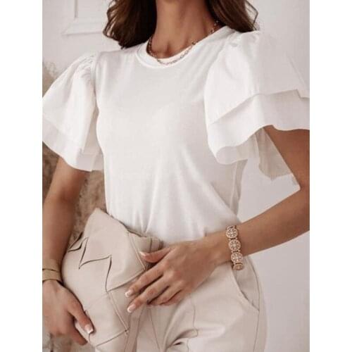 Tops Womens T-Shirt Summer Round Neck Ruffle Short Sleeve White Kawaii T-Shirts Womens Clothing T Shirt Female Tops Ropa Mujer