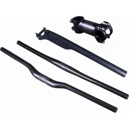 NO LOGO Gloss Black Bicycle Handlebar Sets Carbon Fiber Rise/Flat Handlebar + Breaking Wind Seatpost + Stem For Mountain Bike