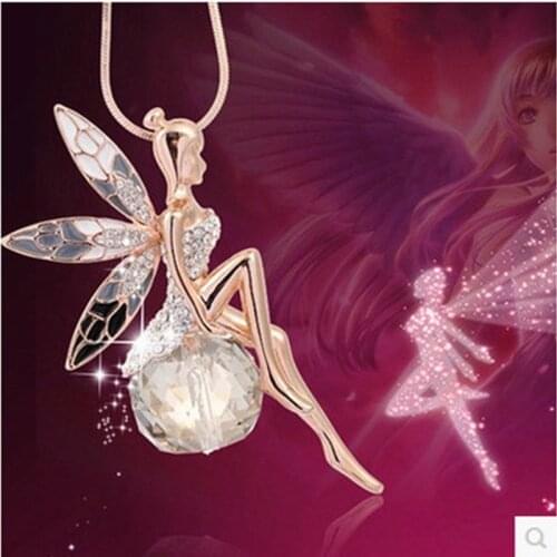 2021New Women Crystal Shiny Fairy Rhinestones Angel Wings Long Chain Party Pendant Necklace Sweater Chain Fashion Jewelry