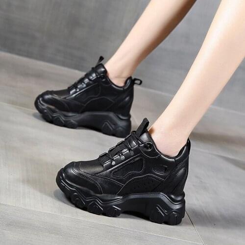 2021 Black Platform Sneakers Women Shoes Casual Lace Up Thick Sole Shoes Woman Beige Chunky Sneakers Leather Vulcanize Shoes
