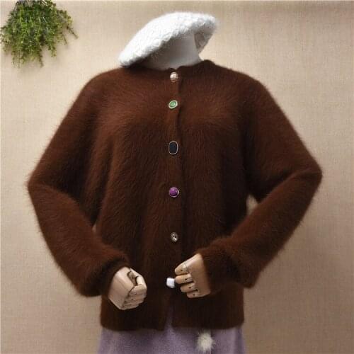 Ladies women fashion brown hairy plush mink cashmere knitted long sleeves short cardigan sweater angora fur jacket coat pull top