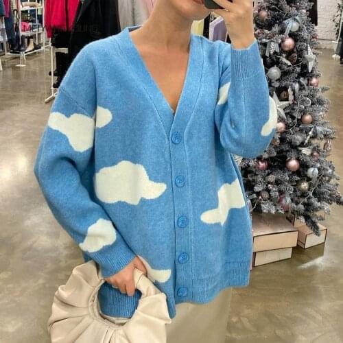 MEIYANGYOUNG Print Cardigan Knitted Women Coat V Neck Loose Autumn Winter Oversized Cardigans Long Sleeve Female Sweater Tops