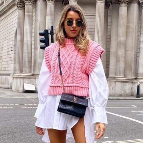 Ardm Fashion Twist Sweater Vest Pink High Collar Waistcoat Vintage Kintted Jumper Cross Lace up Femme Veste Chic Tops Pullover