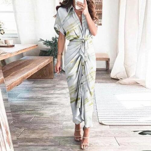 Casual Long Dress For Women 2021 Summer V-neck Printed Shirt Short Sleeve Belt Holiday Dress Sexy Slit Irregular Long Maxi Dress