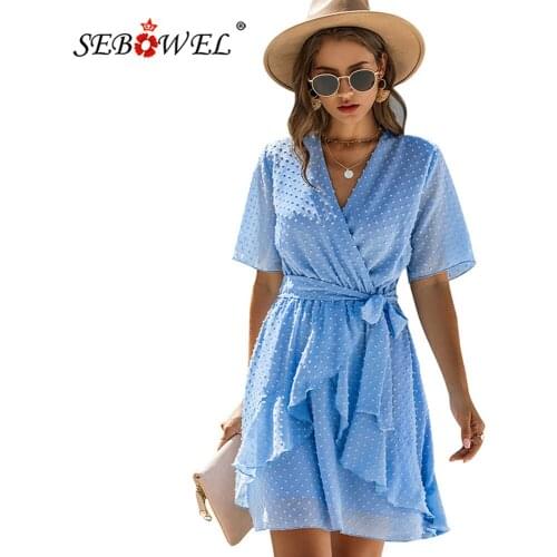 SEBOWEL Women Short Sleeve V-neck Wrap Chiffon Dress with Sashes 2020 Summer Fashion Female Elastic Waist Ruffle Mini Dresses