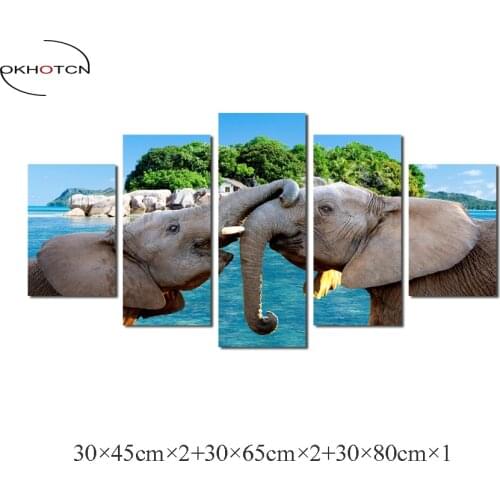 5 Pieces Modular Playing Elephant Unframed Wall Paintings Modern Painting On Canvas Pictures For Living Room Decor