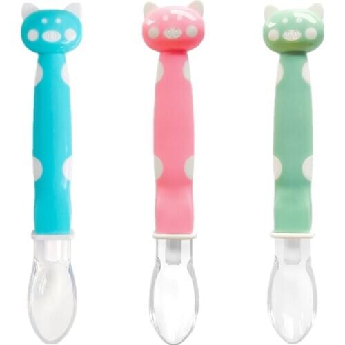 Safety Food Grade Solid Feeding Spoon for Baby Child Boy Girl Pig Head Type Soft Tip Infant Spoon Utensils BPA Free