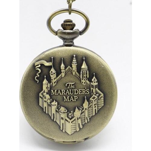 Bronze Marauders Map Pattern Quartz Pocket Watch With Pendant Necklace Men Womens Watches Gift XH3001