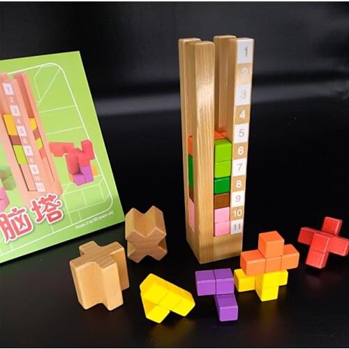 Tetris Tower Volumetric Wooden Blocks Childrens Intelligence Problem 74 Questions Challenging Toys Adult DIY Brain-Trainin Game