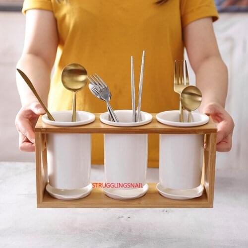 Ceramic Chopsticks Tube Storage Rack Spoon Chopsticks Storage Tube Set Knife and Fork Multi-function Storage Box Kitchen Tools