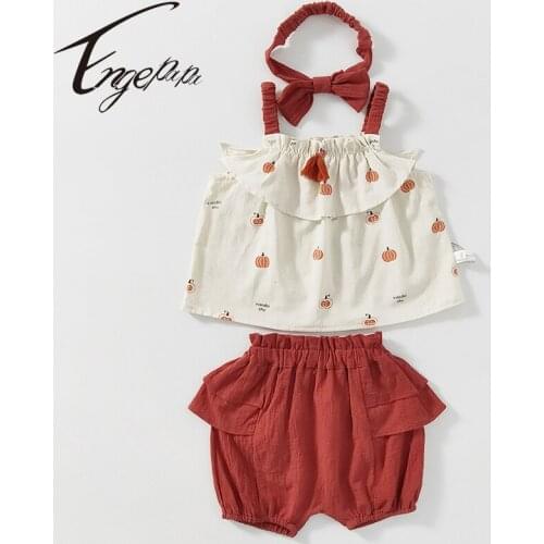 Engepapa Summer Baby Girls Clothes Set Cotton Printed Sleeveless T-shirt+Shorts+Hair Band Toddler Girls Clothing Sets