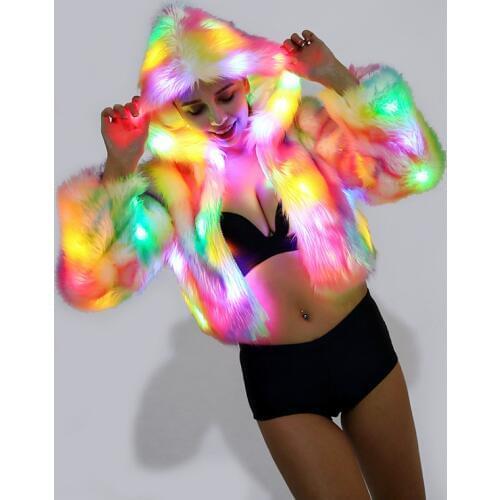 Sexy Colorful Hooded Light Up LED Faux Fur Jacket Coat for Women Carnival Rave Party Unicorn Cropped LED Faux Fur Jacket Coat