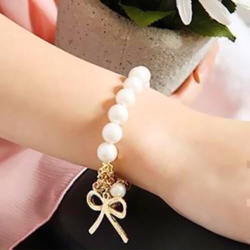 L008 New Sweet Pulseras Bowknot Simulated Pearl Beaded Bracelet For Women Elastic Charm Bow Bracelets Wedding Jewelry Bangles
