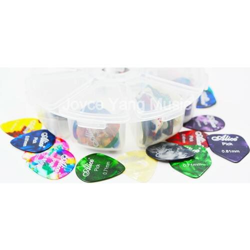 Lots of 100pcs Alice Tear Drop Sector Pentagon Pearl Celluloid Guitar Picks+1 Plastic Round Picks Case 0.46/0.71/0.81mm