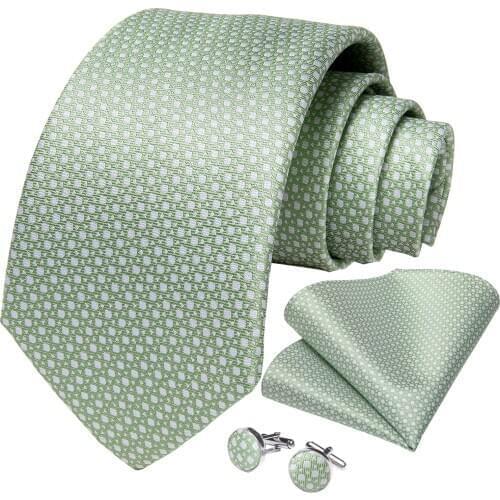 Fashion 8cm Silk Tie Light Green Necktie Men Business Wedding Party Formal Neck Tie Accessories Handkerchief Cufflinks DiBanGu