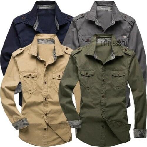 Fashion Lapel Comfortable Simplicity Mens Casual Military Cargo Dress Long Sleeve Shirt Double Pockets Top Solid Color