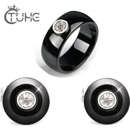 Jewelry Sets Black White Earrings & Ring Round Set Ceramic Ring Crystal Transparent Glaze Earrings Women Wedding Xmas Best Gift