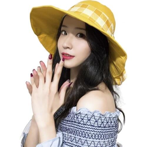 Casual UV Protection Double Side Plaid Bow Superlarge Brim Foldable Bucket Hat Sun Hat Sweat Absorbing for Outdoor