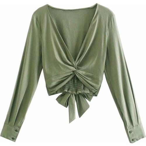 Za sexy V-neck shirt womens long sleeve elastic linen top casual elegant high waist lace up top fashion