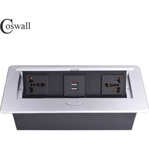 COSWALL Zinc Alloy Plate Slow POP UP 2 Universal Socket For EU UK US Israel Chile Italy Dual USB Charge Port Table Outlet