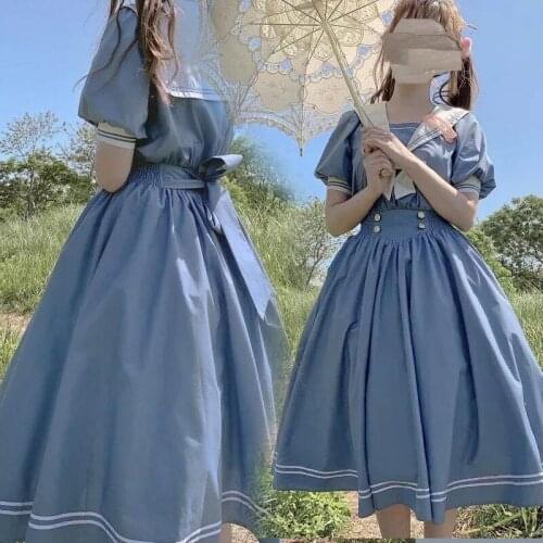 Japanese Bow-knot Sweet Lolita Dress Harajuku Sailor Collar Navy Girl Retro Cotton Kawaii Preppy Style Short Sleeve Dress Women