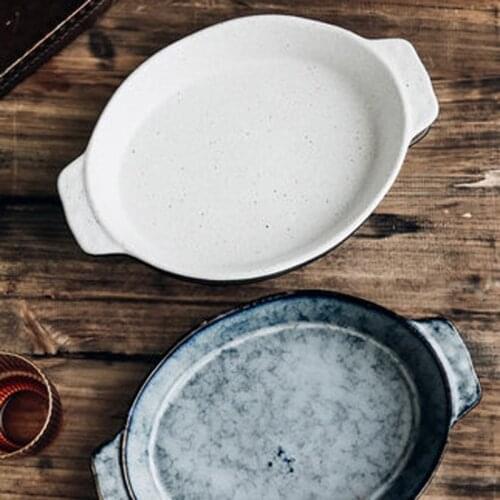 FANCITY Baked rice tray, baking bowl, double ear oval baking tray, baking utensils, deep ceramic dish, microwave oven special