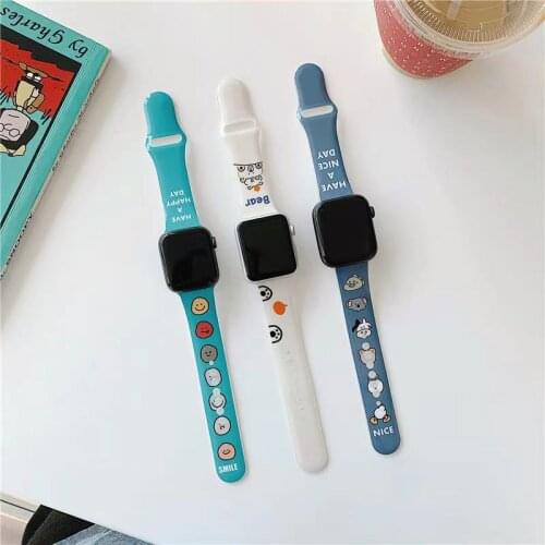 Cute Animal Bear Sports Silicone Apple Watch Band 44mm 40mm 42mm 38mm for iwatch Series 6 5 4 3 2 1 Watch with button bracelet