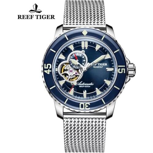 Reef Tiger/RT Top Brand Men Swimming Diving Watch Waterproof Blue Super Luminous Tourbillon Automatic Mechanical Watches