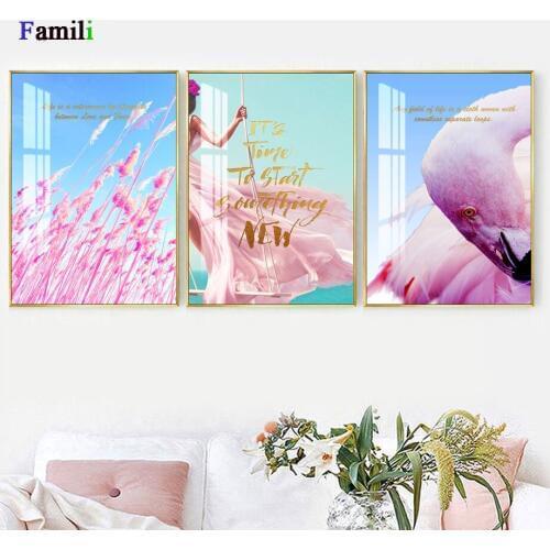 Pink Flamingo Girl Poster Nordic Canvas Painting Wall Art Home Decor Picture Living Room Letter Watercolor Art Painting