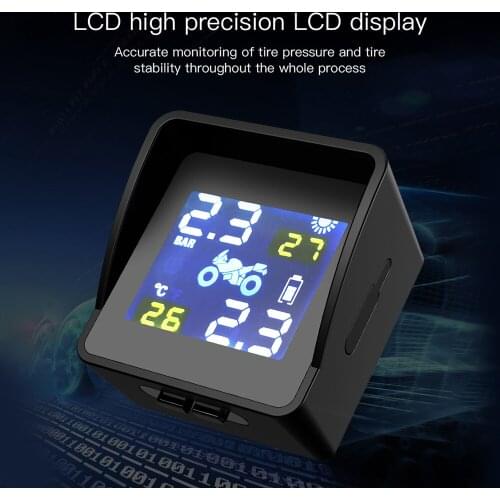 Motorcycle TPMS Tire Pressure Tyre Temperature Monitoring Alarm Systems with 2 External Sensors LCD Display Solar Charging